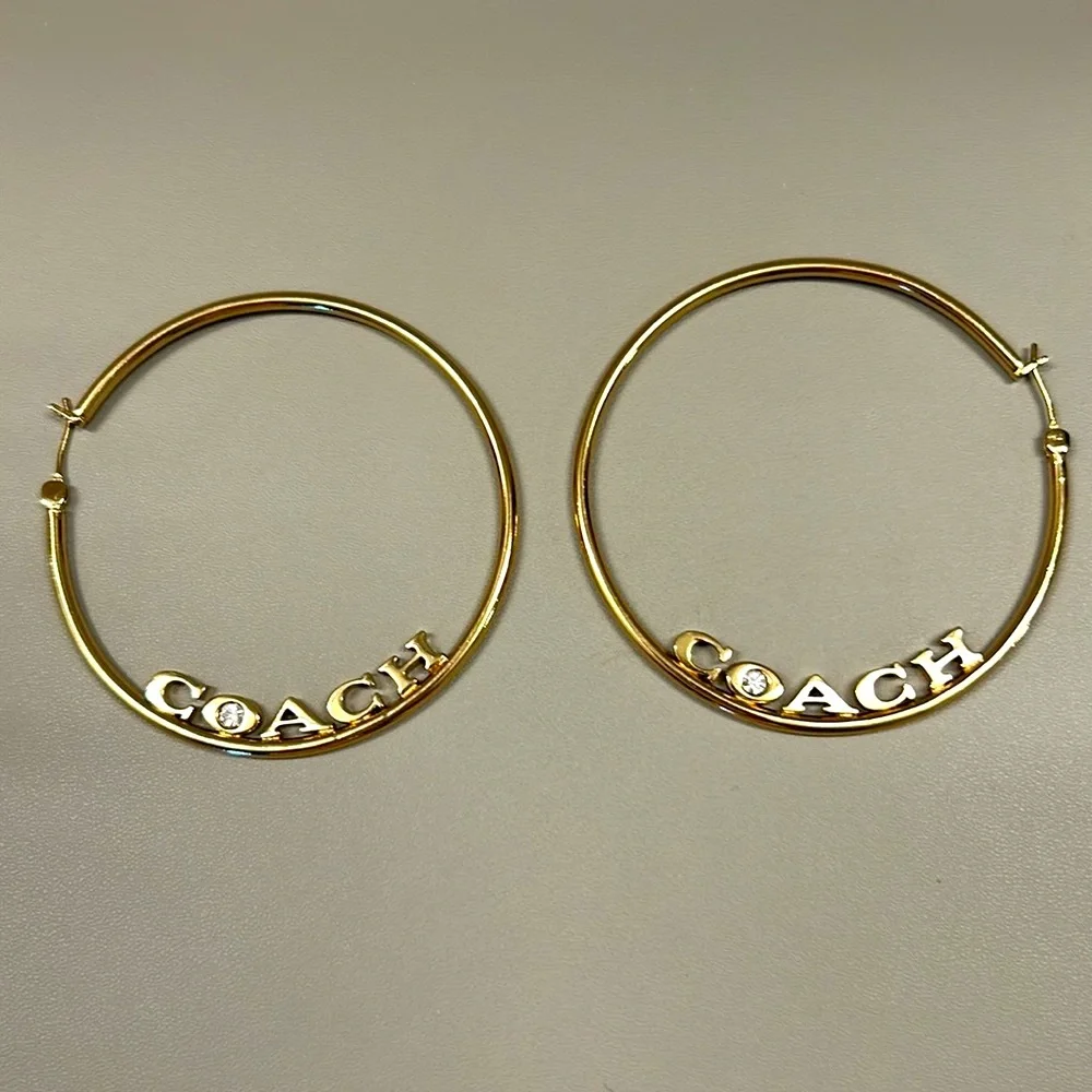 New Coach Signature Medium Large Hoop Earrings Gold with Rhinestone - Picture 8 of 10